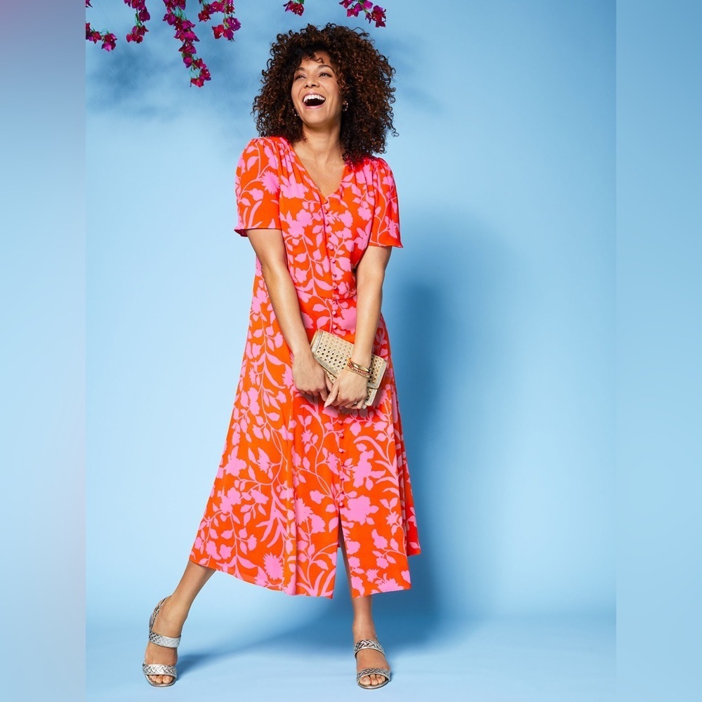 Colorful Vacation 
Dress by Talbots Flutter Sleeve Orange Red Pink Fun Print 2X‎
